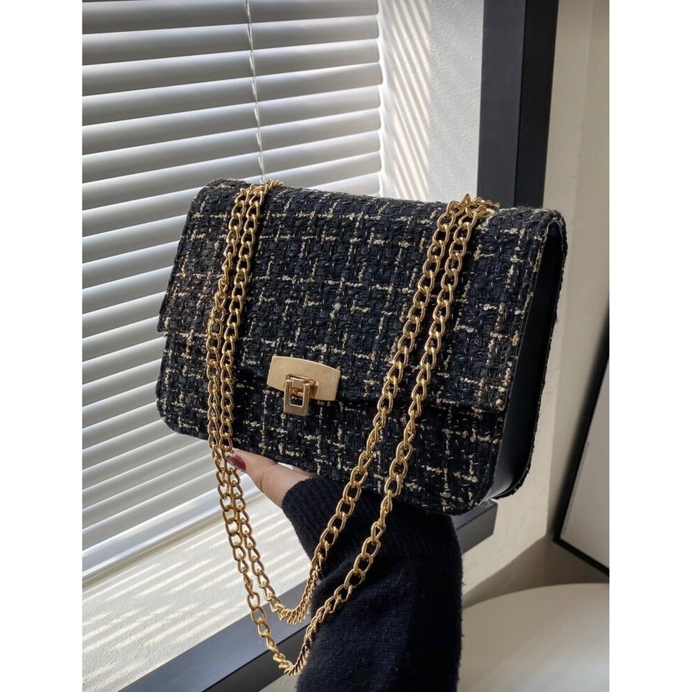 Black Tweed‎ Plaid Chain Shoulder Bag Gold Hardware Crossbody Flap Purse